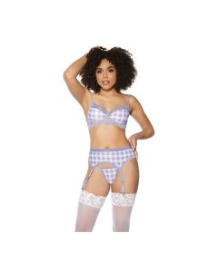 Crystal Pink Buffalo Check Print, Bra, Garter Belt & String Grey/Pink